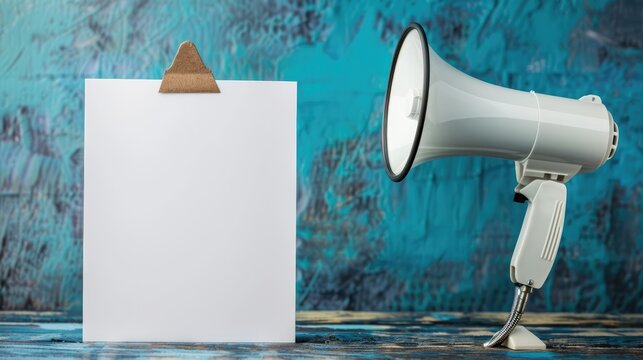 Loudspeaker next to a blank paper with a ballot box ticked, representing US election. Voting and campaign theme