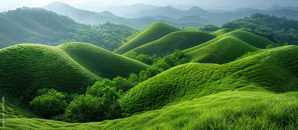 Poster Rolling Green Hills in a Misty Landscape