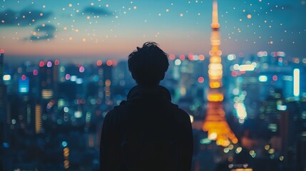a person standing in front of a cityscape at night