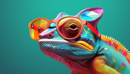chameleon wearing sunglasses on a solid color background art digital art faceted minimal abstract panorama background generative ai