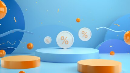 Illustration of a podium stage, featuring round platforms adorned with percentage and flash symbols, set against a dynamic blue backdrop. Ideal for discount offers and sales promotions.