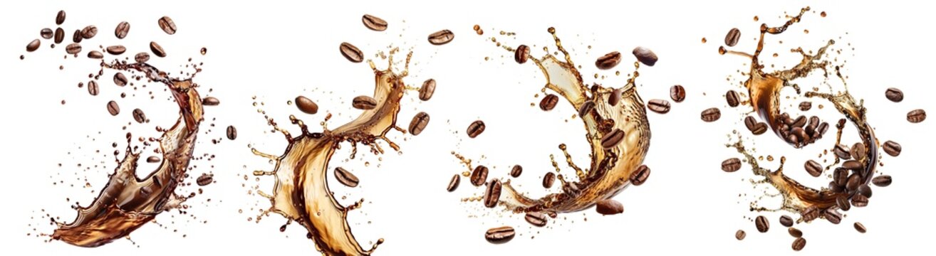 Set of delicious coffee beans splashing into coffee, cut out