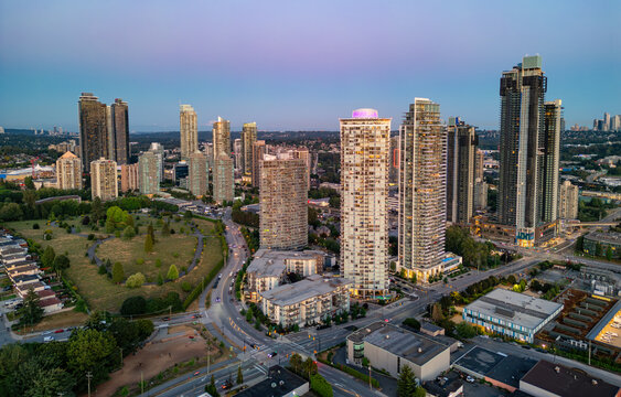 Aerial City View at Twilight. Burnaby, Vancouver, BC, Canada