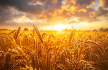 Obraz premium Golden wheat field at sunset, with the sun setting in the background