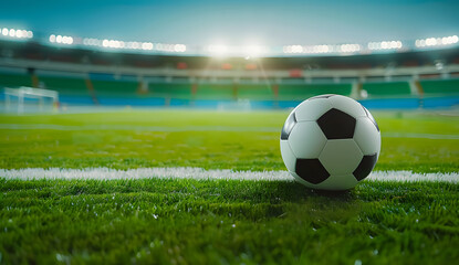 Obraz premium Photo of a soccer ball on the green field in an empty stadium, with bright lights illuminating it,blurred background of football stadium.