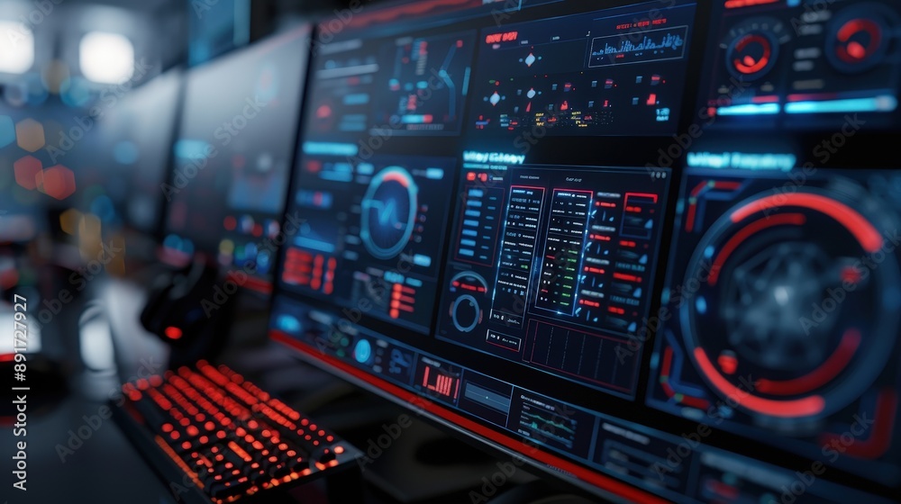 Poster a computer screen displays various cybersecurity software dashboards with red and blue digital displ