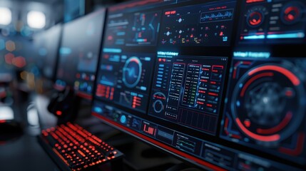 A computer screen displays various cybersecurity software dashboards with red and blue digital displays showing real-time network activity