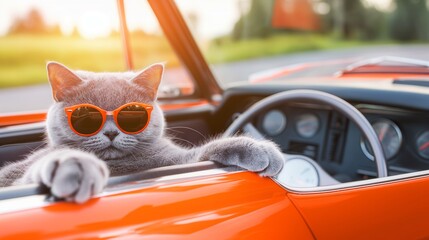 Gray cat in orange glasses sitting in the driver's seat of a red car driving on a trip