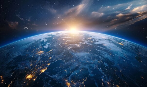 Breathtaking Earth View from Space: Illuminated Cities and Delicate Clouds Paint a Mesmerizing Global Landscape. Abstract Panorama Showcasing Urban Development, Interconnectedness, and the Fragile Bea