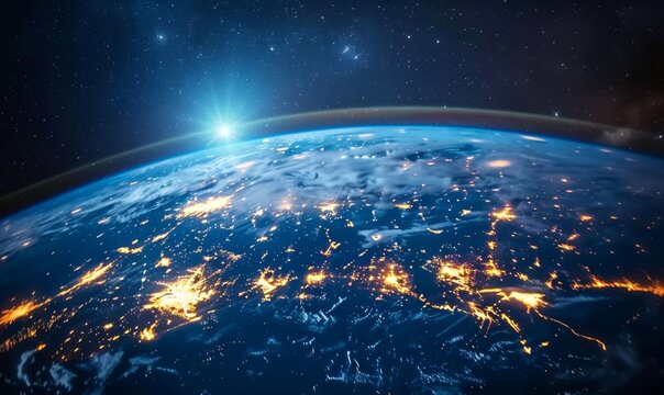 Breathtaking Earth View from Space: Illuminated Cities and Delicate Clouds Paint a Mesmerizing Global Landscape. Abstract Panorama Showcasing Urban Development, Interconnectedness, and the Fragile Bea