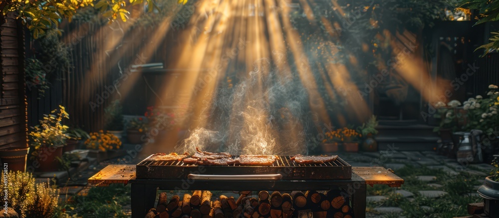 Sticker Grilled Meat on a Backyard BBQ with Sunlight