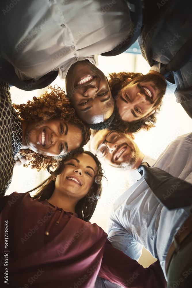 Poster low angle, people and employees and happy in office for teamwork, collaboration and huddle. business