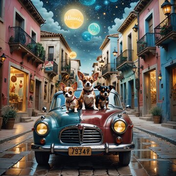 Perros en un carro, paseando por un callej&oacute;n de una ciudad colonial, apto para ser el fondo de pantalla o inspiraci&oacute;n para arte que incluye animales