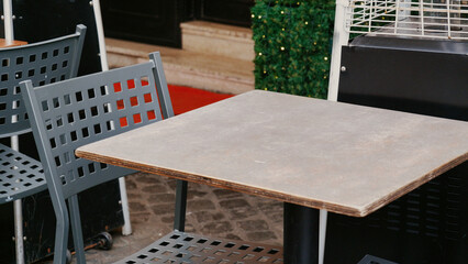 Wooden table, coffee shop mug and cafe store, restaurant or diner for commerce beverage