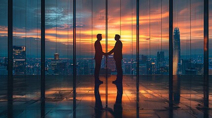 Business handshake in front of a large window with a cityscape background