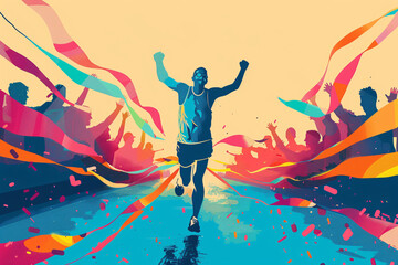 A triumphant marathon runner crossing the finish line, surrounded by cheering crowds and colorful ribbons, symbolizing victory and celebration