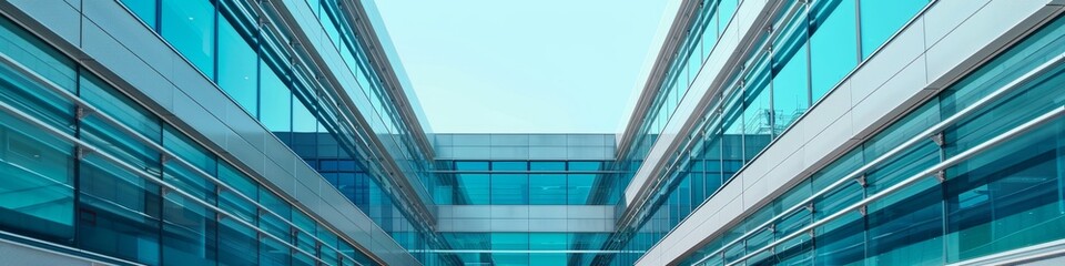 Abstract Modern Corporate Skyline: Sleek Glass-Walled Office Buildings Reflecting Blue Sky. Contemporary Urban Architecture Showcasing Cutting-Edge Business District with Towering Skyscrapers and Expa