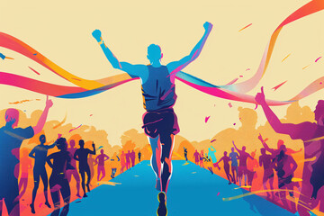 Runner crossing the finish line of a marathon with vibrant colors and cheering crowd