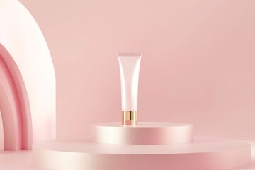 Elegant cosmetic tube on pink geometric podium with arches, minimalist beauty skincare packaging concept, modern display arrangement.