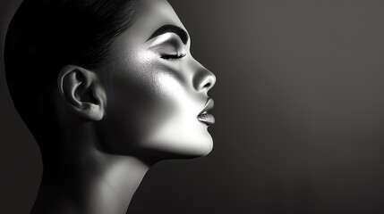 Fototapeta premium Elegant monochrome portrait of a woman with high-contrast lighting, emphasizing her serene profile against a dark background.