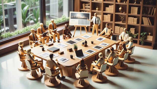 Grupo de mu&ntilde;ecos de madera en una reuni&oacute;n ejecutiva, representa las juntas gerenciales y reuniones para toma de decisiones de una empresa, al fondo con gr&aacute;fica