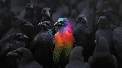 Brightly colored bird in a crowd standing out from a flock of black identical birds
