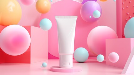 Fototapeta premium Modern cosmetic cream tube with vibrant pastel geometric background, showcasing product design and beauty packaging in high-quality image.