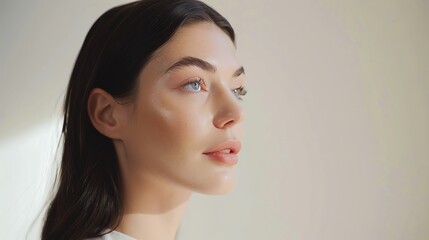 Fototapeta premium Portrait of a young woman gazing thoughtfully into the distance, bathed in soft natural light against a neutral background.