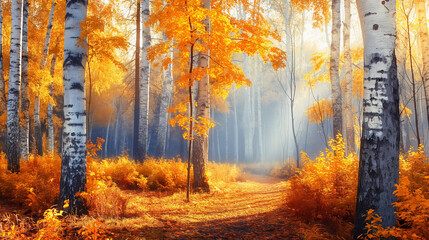 Obraz premium Vibrant autumn forest with golden leaves