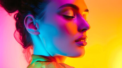 Obraz premium Vibrant portrait of a woman with colorful lighting, creating a dynamic and artistic visual effect. Ideal for creative, fashion, and editorial projects.