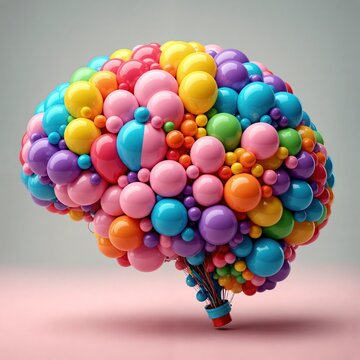 Cerebro multicolor, creativo, conformado de m&uacute;ltiples formas circulares, burbujas de cristal, perfecto para representar la neurociencia desde una perspectiva pedi&aacute;trica o colorida.