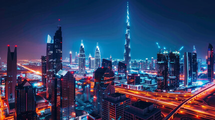 A city skyline at night with bright lights and tall buildings reaching into the sky.