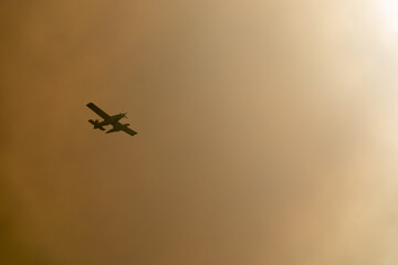 Firefighting plane flying into a large smoke cloud caused by a forest fire