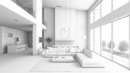 Fototapeta premium Modern Monochrome Architectural Sketch of Minimalist Home Floor Plan