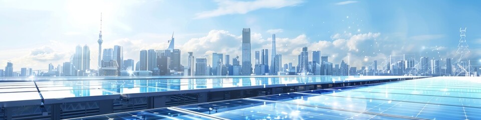 Naklejka premium Sustainable Urban Future: Abstract Cityscape with Integrated Solar Panels. Renewable Energy Revolution in Modern Metropolis, Showcasing Eco-Friendly Innovation and Green Technology for a Cleaner, More
