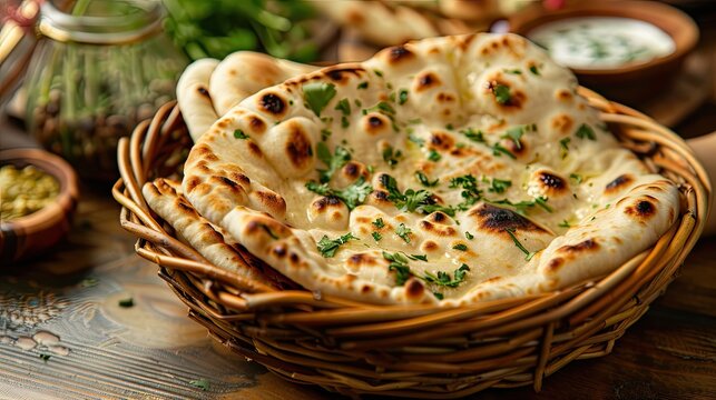 indian naan style traditional homemade flatbread in a basket on a table. bread 