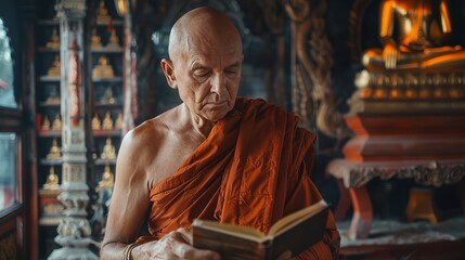 Obraz premium Monk Sitting Reading Sacred Scripture Book Text In Buddhist Temple