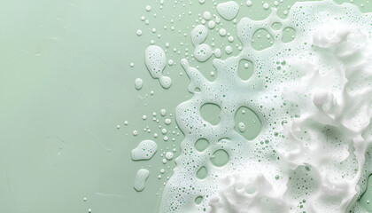 Fluffy bath foam on light green background, top view. Space for text