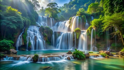 Obraz premium Beautiful natural waterfall , nature, trees, flowers in the foreground in tropical forest . High quality photo
