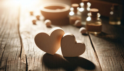 Fototapeta premium Close-up photo of Two Wooden Hearts On Rustic Table With Sunlight