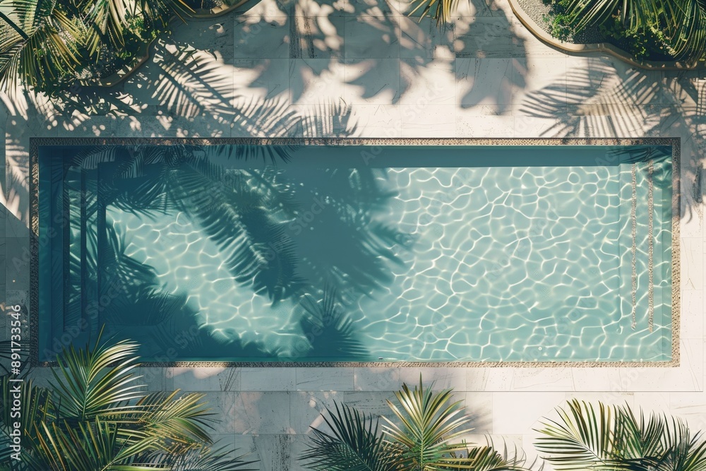 Poster top view of a rectangular blue swimming pool, surrounded by lush green plants with intricate shadow 