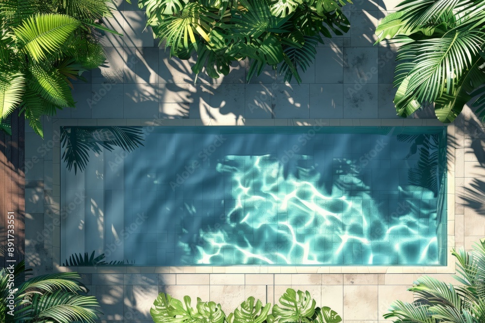 Poster top-down view of a sleek rectangular swimming pool filled with clear, blue water, surrounded by rich