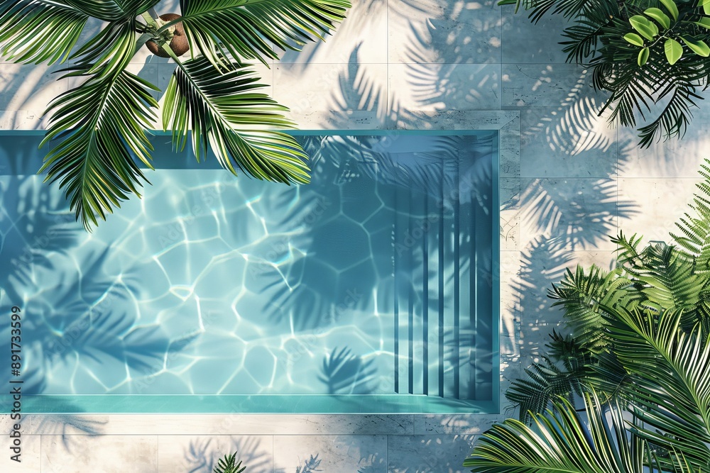 Poster beautiful poolside setting with sparkling blue water, enhanced by the shadows of tropical plants, cr