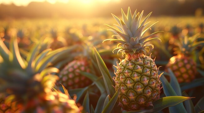 Pineapple fruits in pineapple farming with sunrise background