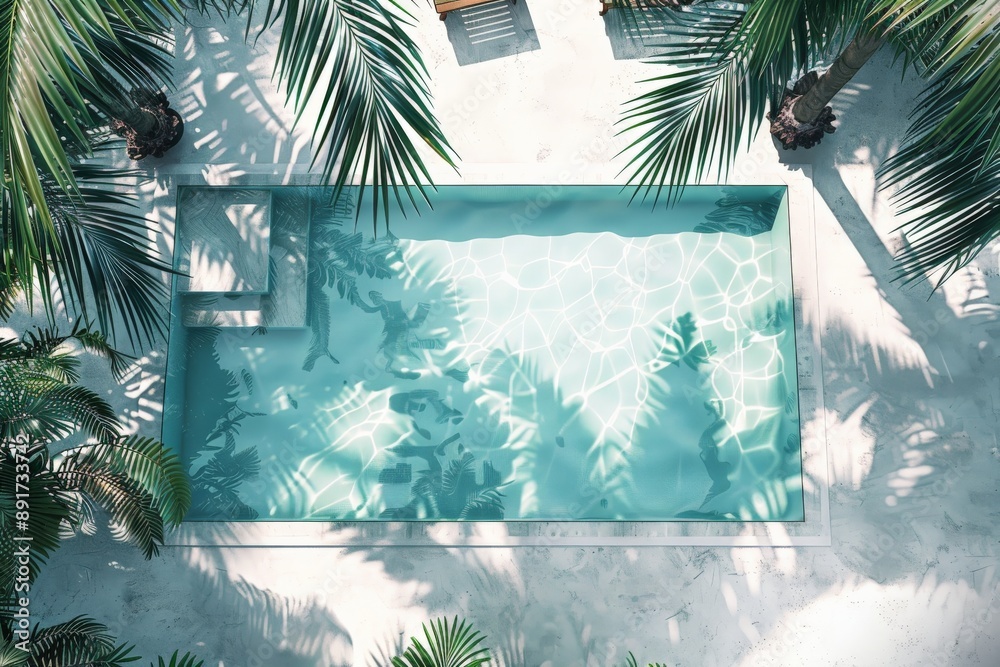 Poster A top view catch of a swimming pool seated in a pristine environment, shaded with overlapping palm tree leaves reflecting on the pool water, symbolizing peace and cleanliness.