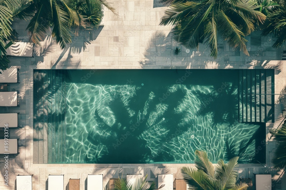 Poster An aerial perspective showcasing a lavish pool in a sophisticated setting, bordered by palm trees creating intricate shadow patterns on the water’s surface, representing luxury and refinement.