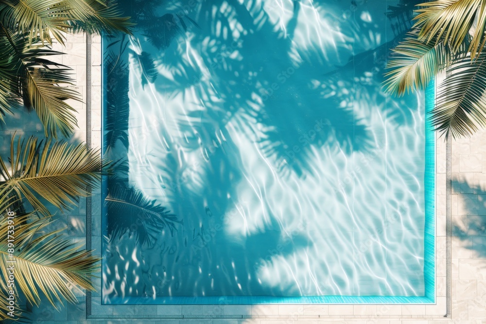 Poster aerial view of a perfectly square swimming pool, featuring enchanting shadows of surrounding tropica