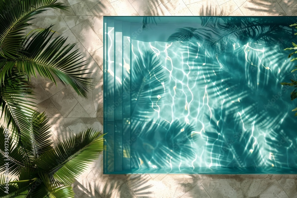 Poster a top-down photograph of a sunlit swimming pool, featuring reflections of beautiful, tall palm trees