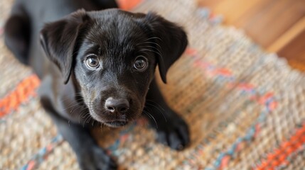 A black puppy is looking at the camera with its eyes closed