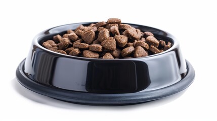 a pet bowl containing pet food kibbles on a studio background
